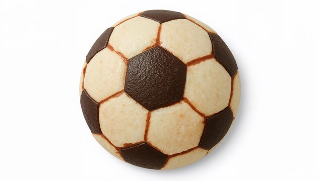 Soccer ball shaped pancake with black and white pattern made from cocoa and vanilla batter on white background