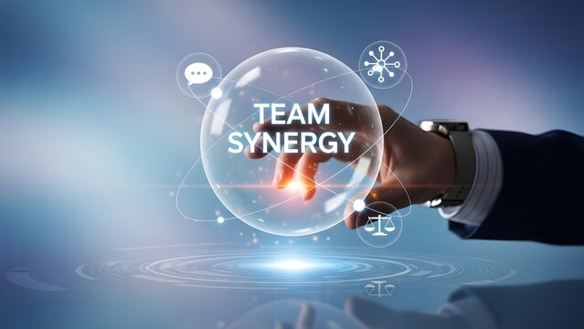Businessman's hand interacts with a futuristic sphere symbolizing team synergy - Powered by Adobe