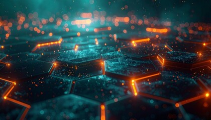 Futuristic hex network—glowing orange lines and floating tech hexagons in digital blue haze.