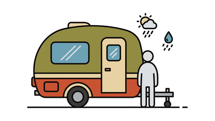 Obraz premium Colorful Camping Van Illustration With Rainy Weather Icon Beside A Person Standing