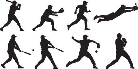 A set of vector illustrations featuring black silhouettes of dancing girls and people engaged in sport action like football, tennis, and basketball competition