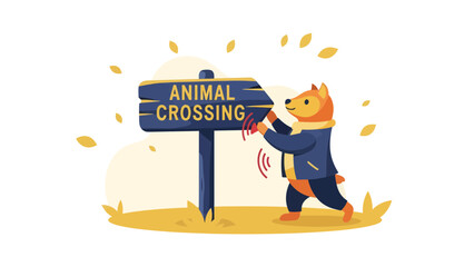 Cheerful Illustration Of Cartoon Character Near The Animal Crossing Sign
