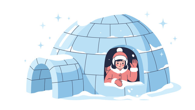 Cheerful Girl Waving From Inside Of A Cozy Cartoon Igloo Home
