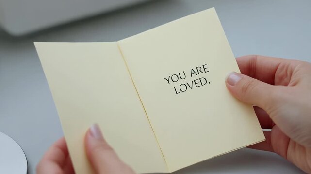 Lifting hands revealing yellow insert to center YOU ARE LOVED on home desk, with heart-cutout