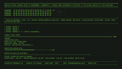 Realistic monochrome green CRT monitor with horizontal scanlines. Green color window with process progress bar for loading and hacking. 80-s hacking UI program on computer with code and ASCII.