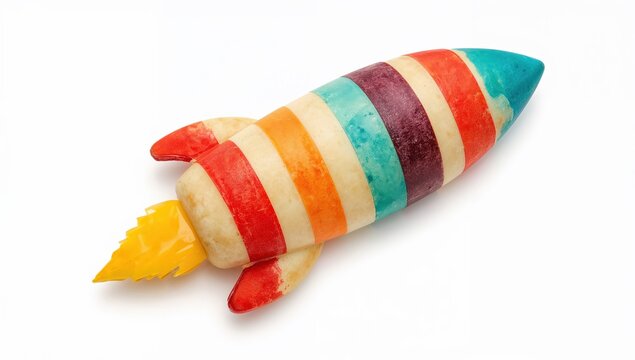 Rocket ship pancake with colorful natural food dye stripes on white background, fun creative breakfast idea for kids
