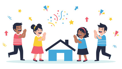 Fototapeta premium Children Celebrate Home Ownership With Confetti And Joyful Expression