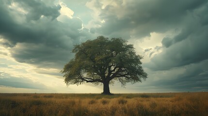 Lone tree standing strong in open field under dramatic stormy sky