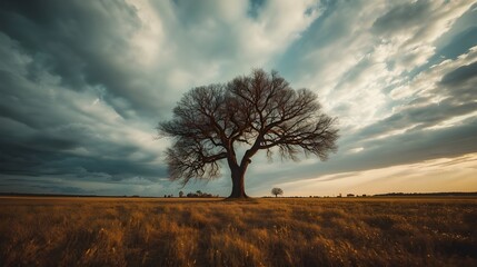 Dramatic landscape with bare tree in open field under stormy sky