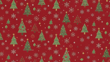 Christmas trees and snowflakes decorate bright red background for festive season