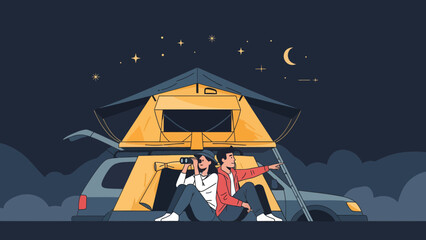 Couple Enjoying Rooftop Camping Under a Starry Night Sky Adventure