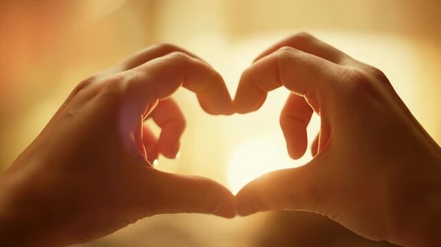 Forming pair of adult hands responding to sun, curling into heart shape near window, golden bokeh