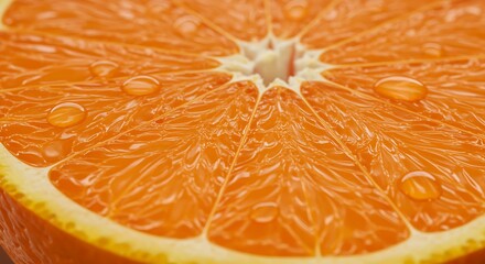 closeup of fresh orange slice with water drops on it