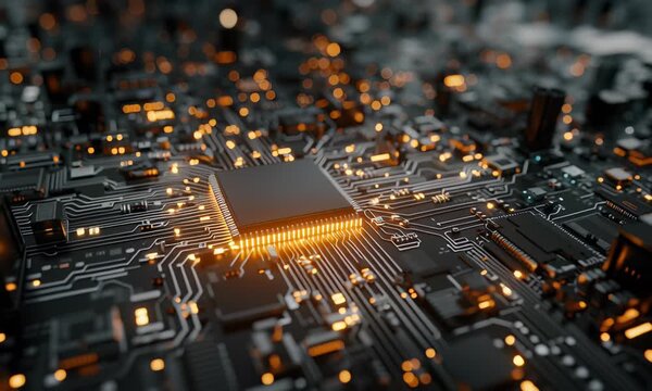 High-tech video showcasing a glowing semiconductor chip in the center of a complex electronic circuit board