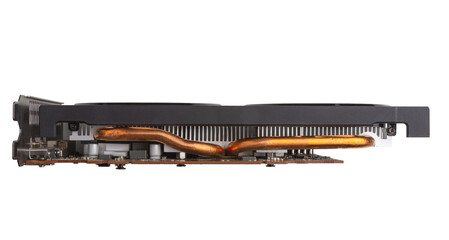 High Performance Graphics Card With Copper Heat Pipe Cooling System From Side View isolated on a white background