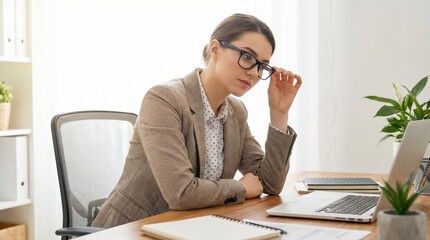 Young businesswoman sitting at desk and working on laptop indoors  