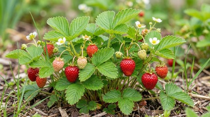 Strawberry plant with ripe and unripe berries in garden setting  
