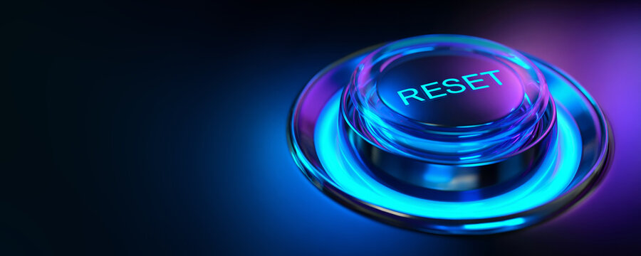 blue glowing reset button on metallic background, neon power reset switch technology concept, futuristic blue reboot button banner with copyspace