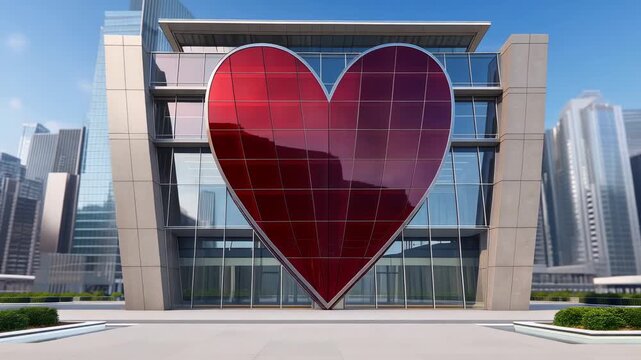 Panning camera revealing multistory glass building at plaza, showcasing glossy red heart panel