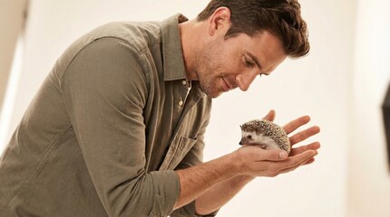 Man holding hedgehog in palm and smiling indoors  