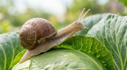 Snail crawling on cabbage leaf in a garden environment  