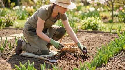Woman planting tulip bulbs in garden during sunny spring day  