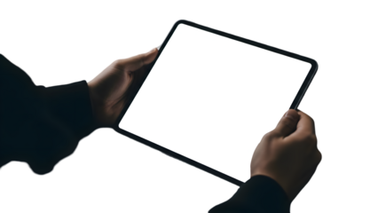 Mockup of a person holding a tablet with a blank white screen