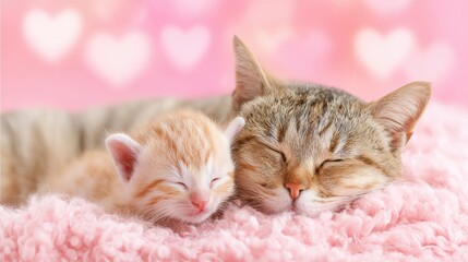 Mothers Day, Valentines Day, love holiday theme. Two kittens peacefully sleeping on a pink blanket with heartshaped patterns, creating a serene and loving atmosphere.