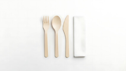 Eco-Friendly Table Setting: A minimalist table setting, featuring a wooden fork, spoon, and knife accompanied by a neatly folded napkin.