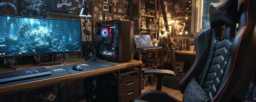 Modern gaming setup featuring multiple screens and a comfortable chair in a dimly lit room for immersive video gameplay