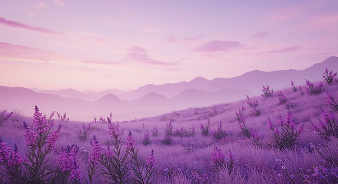 Purple flowers and grass in a field with mountains in the background at sunset - Powered by Adobe
