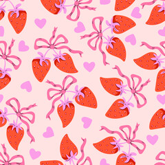 Seamless cute pattern with strawberries, bows, and hearts in playful  style. Sweet romantic design perfect for Valentine&rsquo;s Day, wrapping paper, textiles, stationery, and decorative backgrounds.