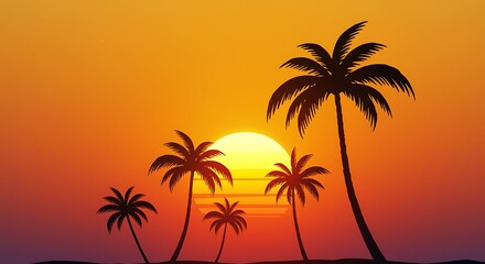 tropical sunset with silhouetted palm trees on the beach