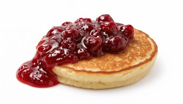 Scotch pancake with red berry compote on white background for breakfast, dessert, or brunch menu design