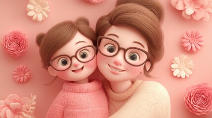 Mothers Day, Valentines Day, love holiday theme. Two animated girls wearing glasses and sweaters, each with a cheerful expression.