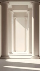 Obraz premium Architectural White Columns Hallway with Sunlight and Shadows Creates Perspective