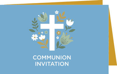 Religious first holy communion invitation card with white cross and floral wreath for catholic sacrament celebration and christian faith event announcement stationery design template.