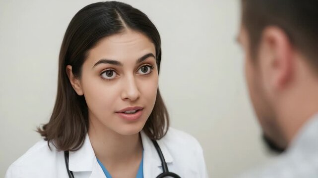 Speaking doctor answering patient, leaning in clarifying plan in clinic with scrubs and stethoscope