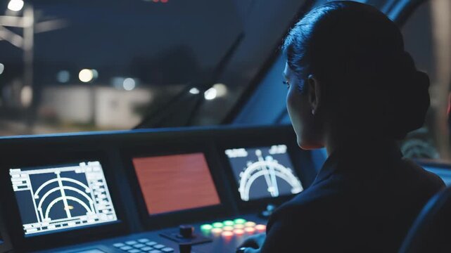 Female train driver operating a modern vehicle from the cockpit at night. Professional woman monitoring high-tech control panels and digital screens. Future of transportation and technology