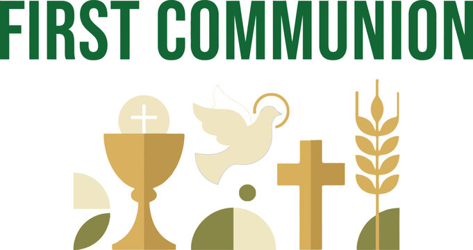 First communion religious banner with gold chalice host dove and cross for catholic sacrament celebration and holy eucharist christian faith symbol of spirituality church worship event.