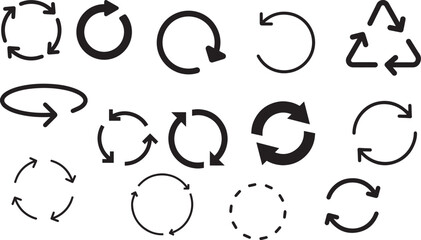 Set of Circular Rotation Arrows, Recycle Symbols, and Refresh Icons for Web Design and Interface.
