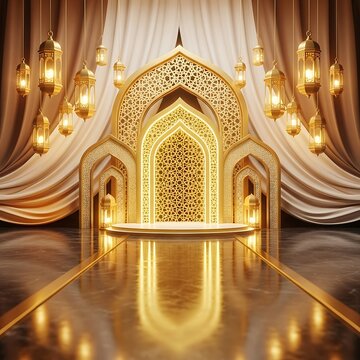 Golden Islamic Arch Stage with Hanging Lanterns and Drapes - Ramadan and Eid Celebration Background