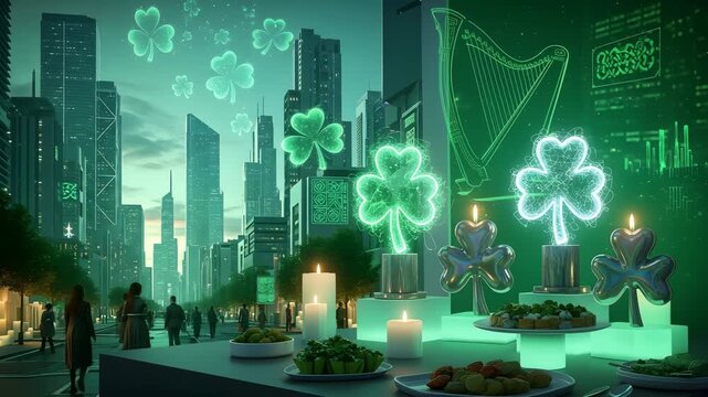 Futuristic cityscape with glowing shamrocks and harp celebrating St Patricks Day in vibrant green
