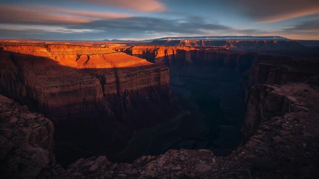 Bathing sunlit sandstone mesa casting canyon shadows as sinking sun warming cliffs, pink clouds