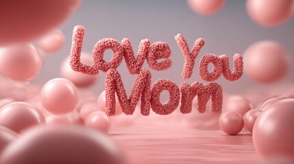 Mothers Day, Valentines Day, love holiday theme. A vibrant pink background with the words Love You Mom prominently displayed in the center. Surrounding the text are numerous pink spheres.