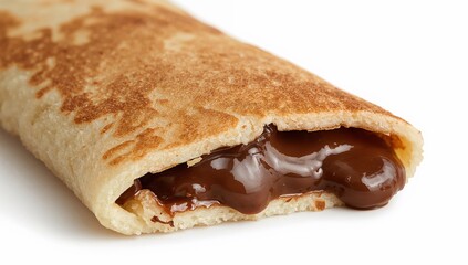 Folded pancake with gooey chocolate sauce oozing from inside and along the edges on a white background