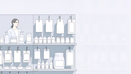 A saleswoman in an open sales shop standing next to merchandise shelves