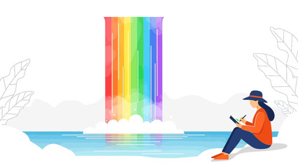 Fototapeta premium Creative Woman Inspires With Rainbow Waterfall Digital Painting Art Illustration