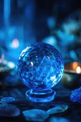 Blue faceted crystal ball on a stand, bathed in blue light with crystals and candlelight in the background. Concept Blue faceted crystal ball, Blue lighting, Crystal decor, Candlelight ambience