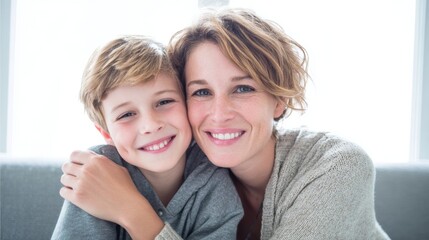 Mothers Day, Valentines Day, love holiday theme. A woman and a young boy smiling and embracing each other on a couch. The woman wears a lightcolored dress and the boy wears a gray shirt.
